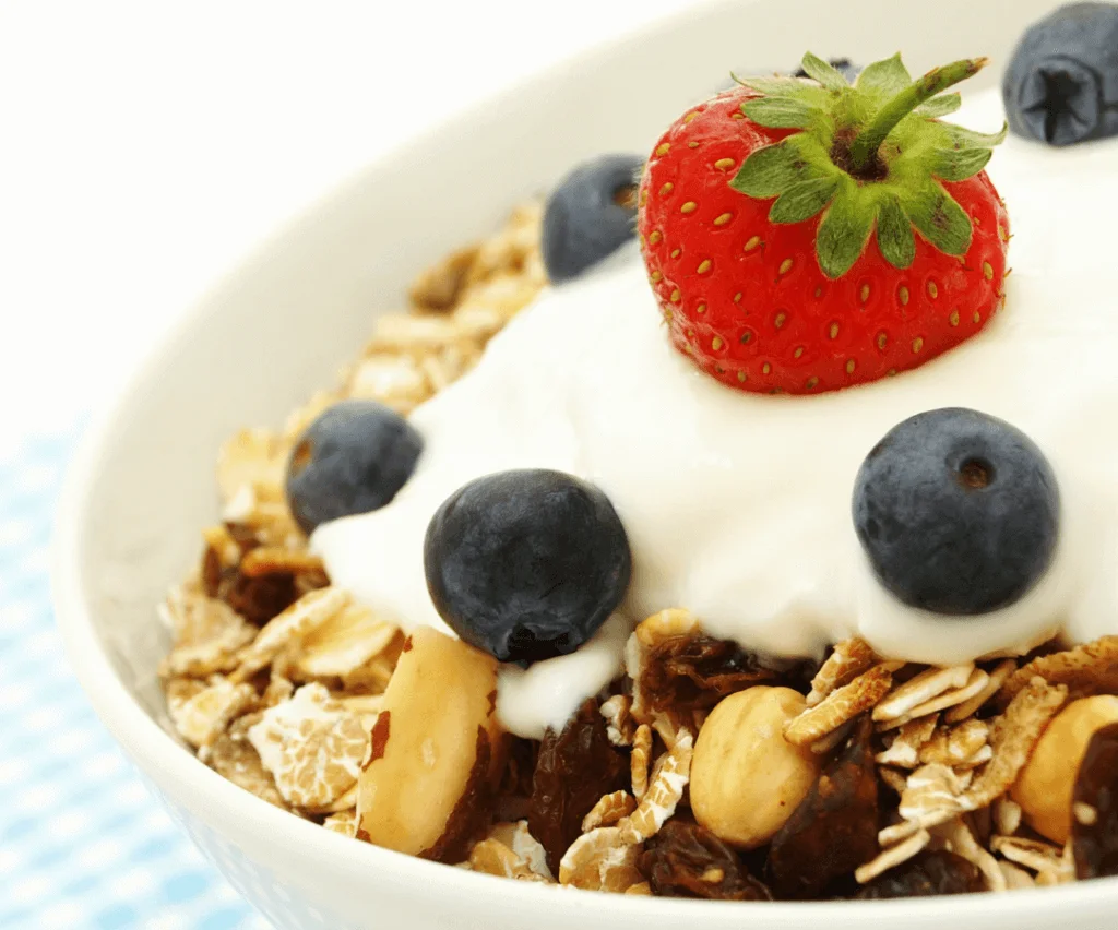 Bowl of cereal with yoghurt and fruits